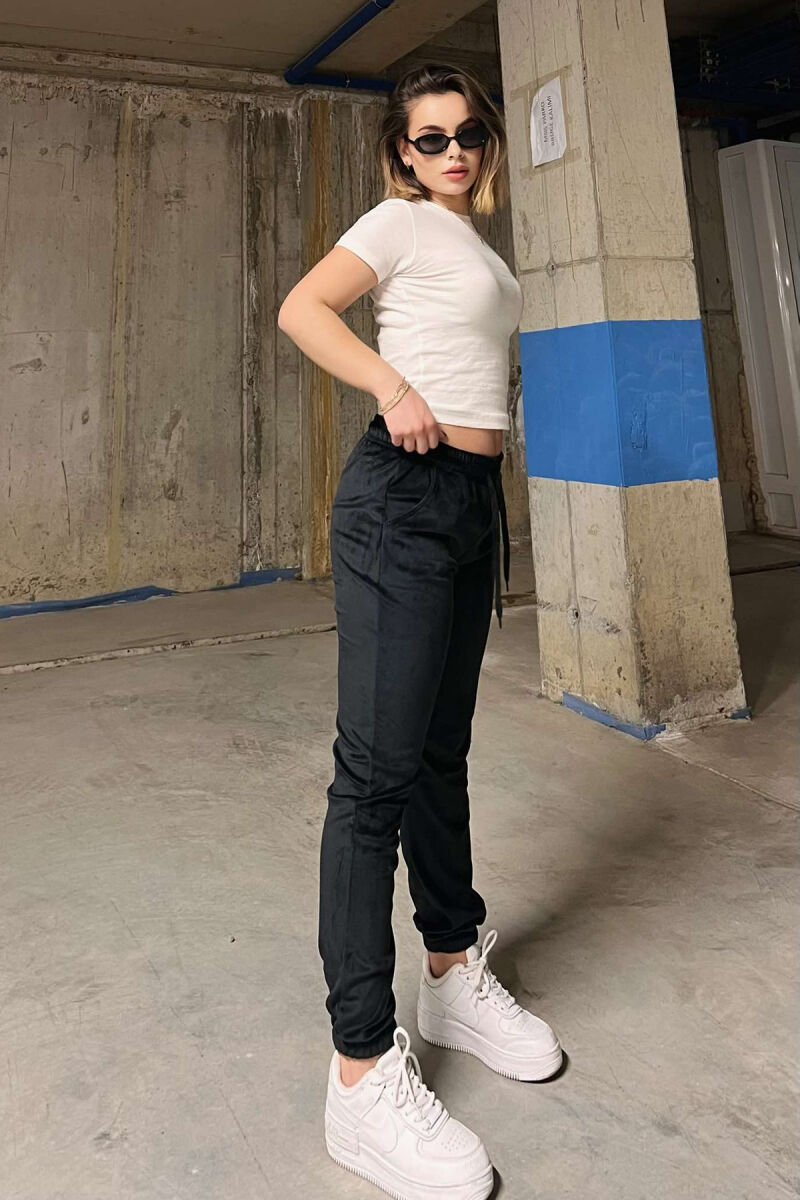 ONE COLOR VELVET ELASTIC WAIST WOMEN SWEATPANTS BLACK/ E ZEZE - 4