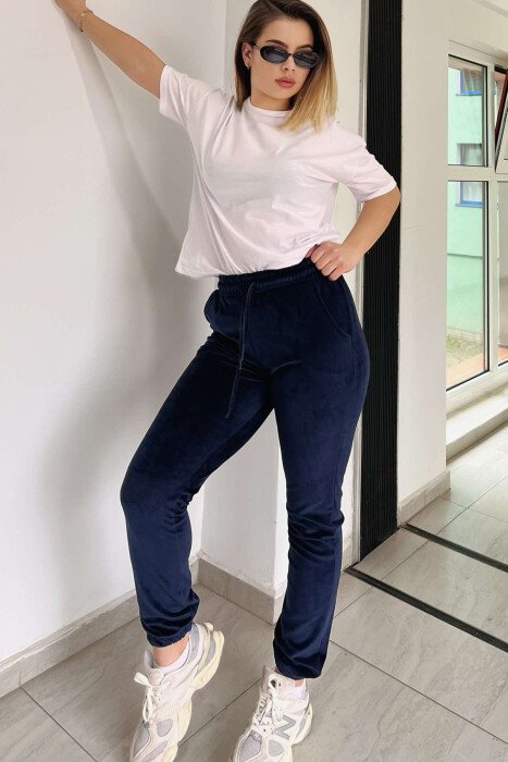 ONE COLOR VELVET ELASTIC WAIST WOMEN SWEATPANTS BLUE/BLU - 1