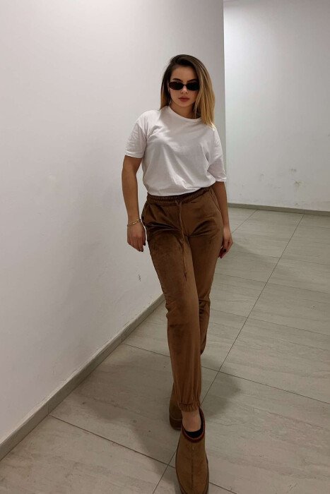 ONE COLOR VELVET ELASTIC WAIST WOMEN SWEATPANTS BROWN/KAFE 