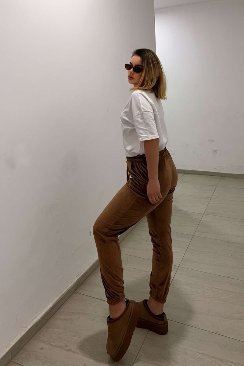 ONE COLOR VELVET ELASTIC WAIST WOMEN SWEATPANTS BROWN/KAFE - 2