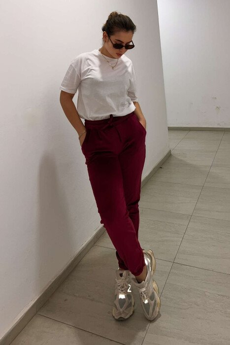 ONE COLOR VELVET ELASTIC WAIST WOMEN SWEATPANTS BURGUNDY/VISHNJE - 1