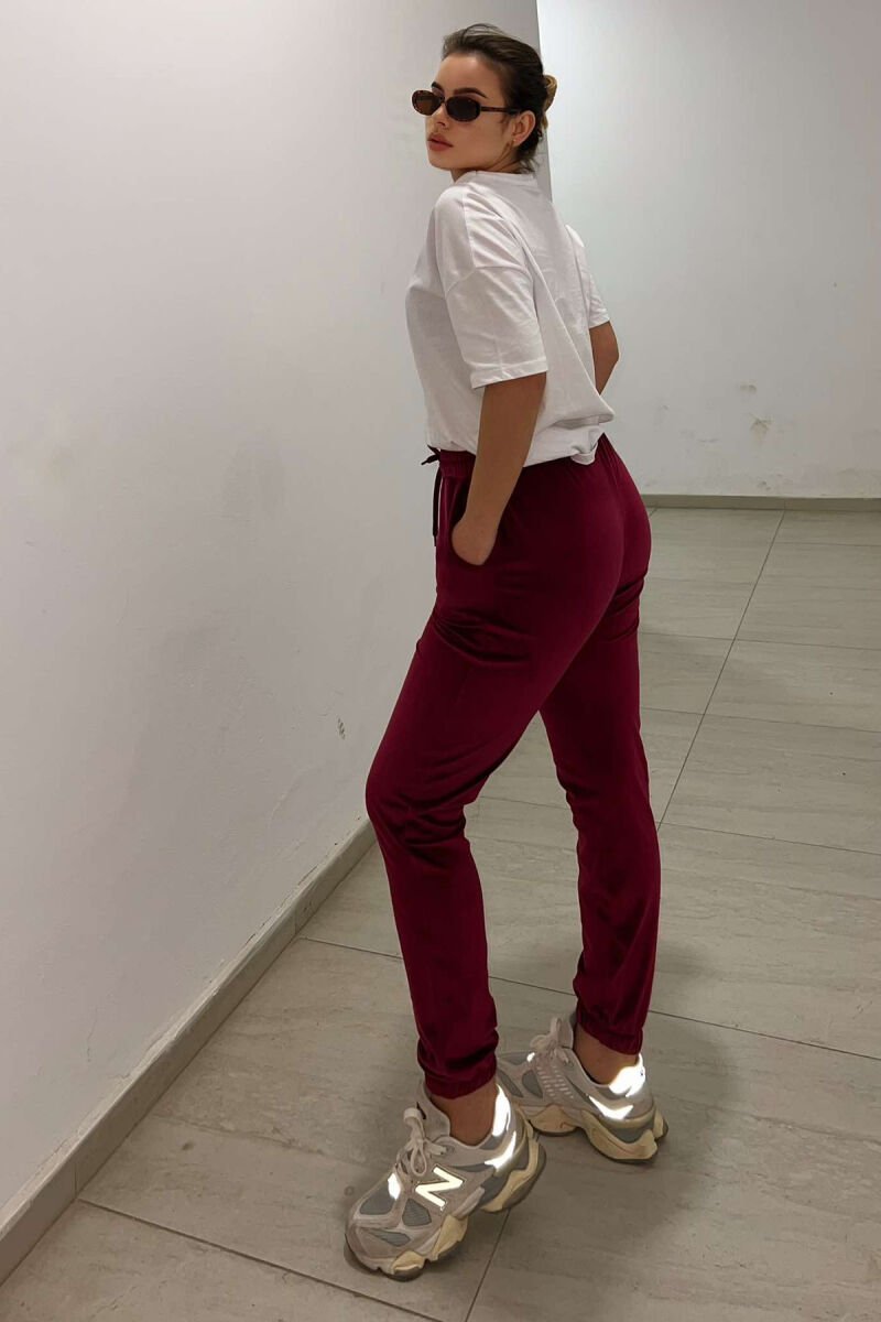 ONE COLOR VELVET ELASTIC WAIST WOMEN SWEATPANTS BURGUNDY/VISHNJE - 2