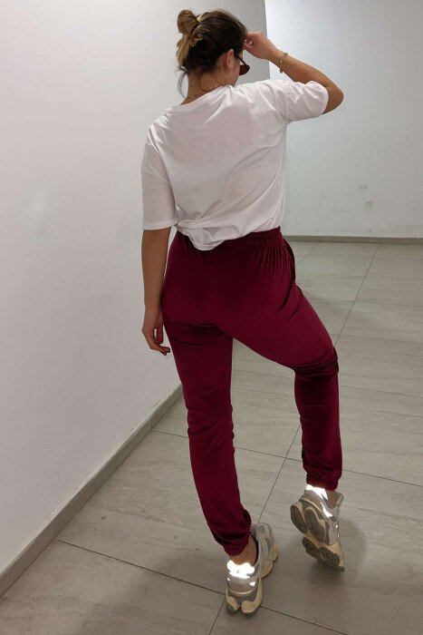 ONE COLOR VELVET ELASTIC WAIST WOMEN SWEATPANTS BURGUNDY/VISHNJE - 3