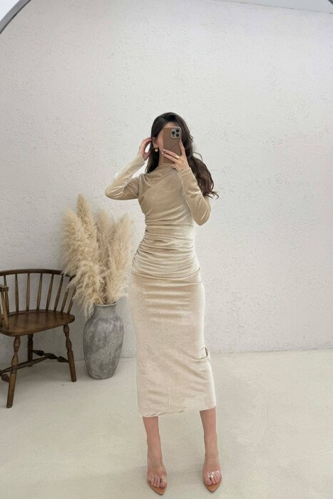 ONE COLOR VELVET WOMAN DRESS CREAM/KREM - KLAUDIO FASHION