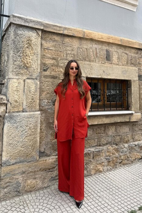 ONE COLOR VEST + ELASTIC WAIST TROUSERS WOMAN SET BRICK/TULLE - KLAUDIO FASHION