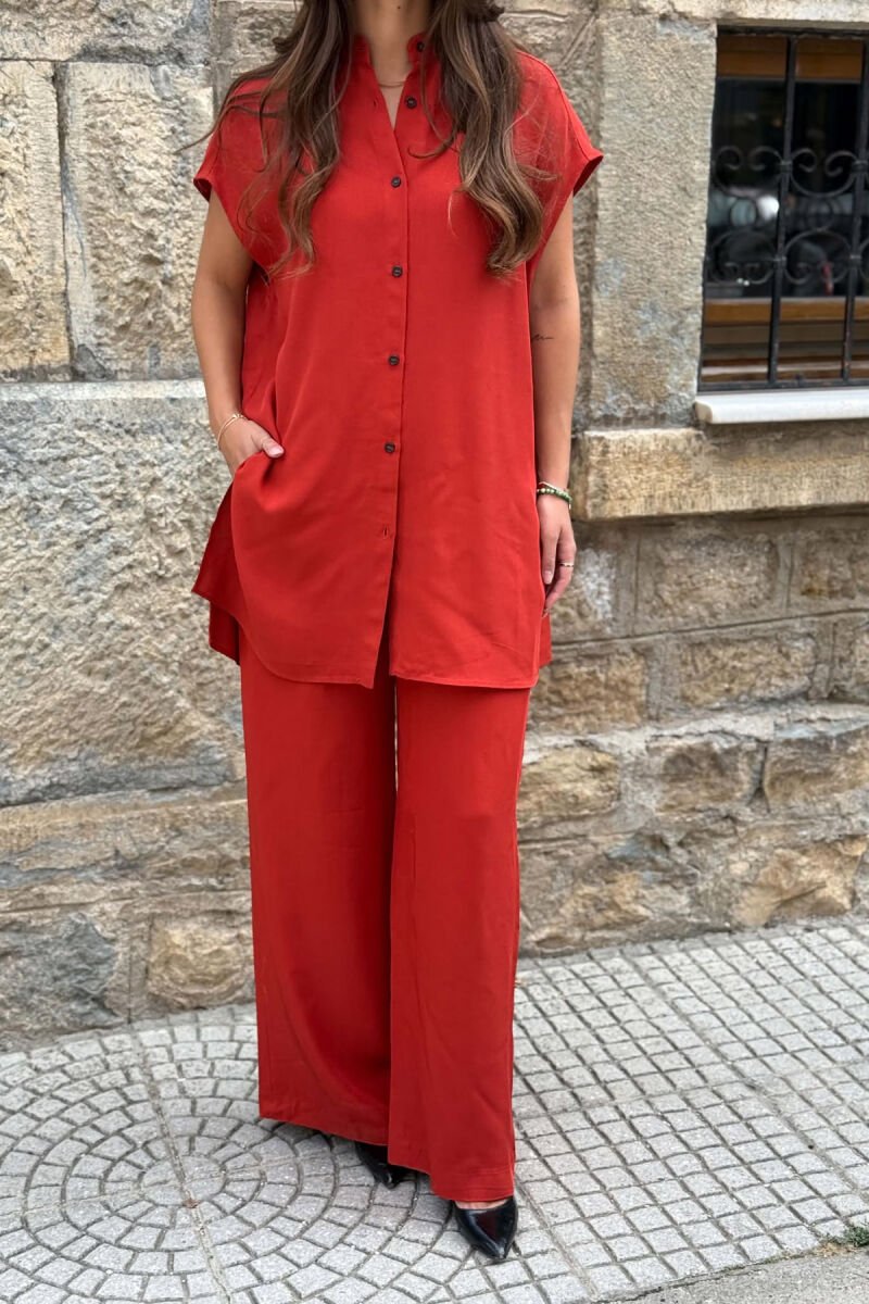 ONE COLOR VEST + ELASTIC WAIST TROUSERS WOMAN SET BRICK/TULLE - 2