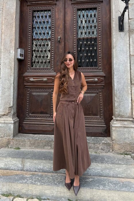 ONE COLOR VEST + SKIRT WOMAN SET BROWN/KAFE 