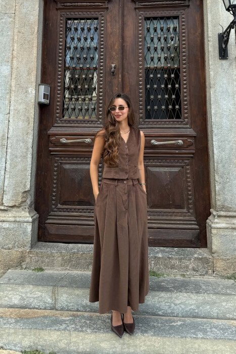 ONE COLOR VEST + SKIRT WOMAN SET BROWN/KAFE - 5