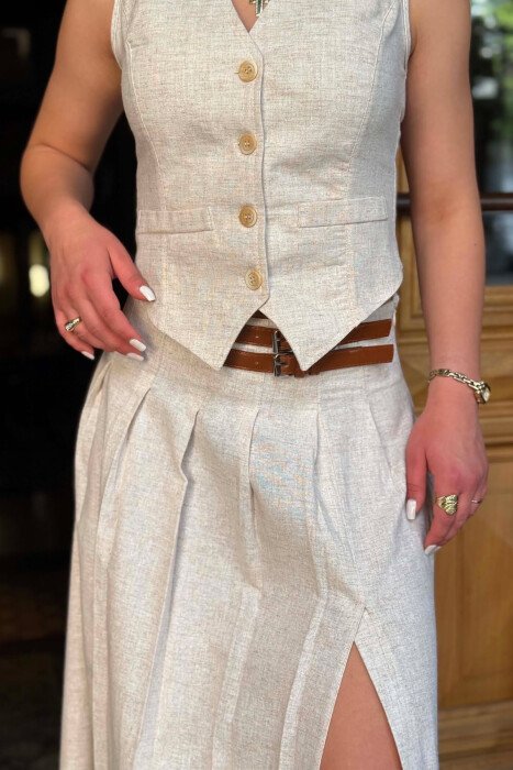 ONE COLOR VEST + SKIRT WOMAN SET CREAM/KREM - 4