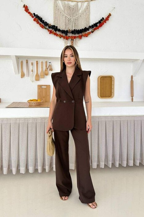 ONE COLOR VEST + TROUSERS WOMAN SET BROWN/KAFE - 1