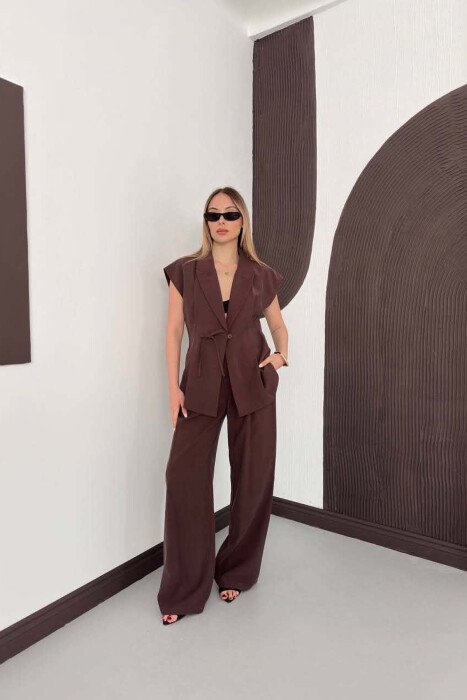 ONE COLOR VEST + TROUSERS WOMAN SET BROWN/KAFE - 4