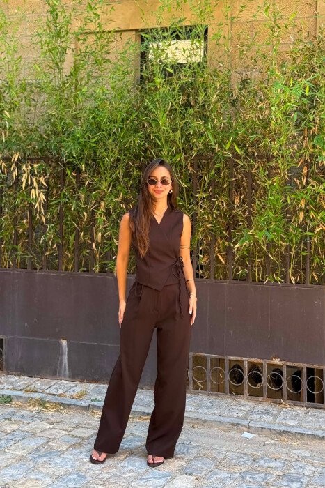 SET NJE NGJYRESH JELEK + PANTALLONA PER FEMRA NE NGJYRE KAFE TE ERRET - KLAUDIO FASHION