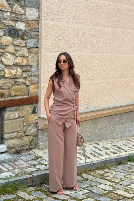 SET NJE NGJYRESH JELEK + PANTALLONA PER FEMRA NE NGJYRE KAFE TE ZBARDHUR - KLAUDIO FASHION