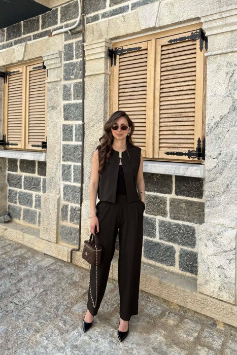 ONE COLOR VEST+ TROUSERS WOMEN SET BROWN/KAFE - KLAUDIO FASHION