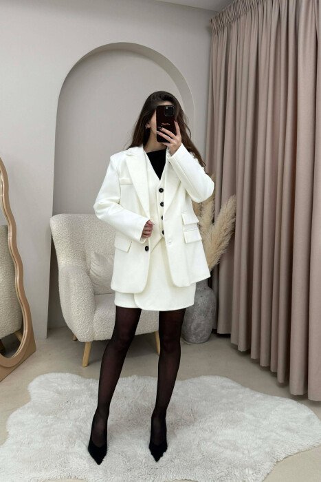 ONE COLOR VEST+JACKET+SKIRT WOMEN SET WHITE-E BARDHE - KLAUDIO FASHION