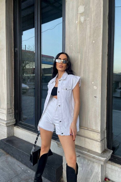 ONE COLOR VEST+SHORTS DENIM WOMEN SET WHITE-E BARDHE - 10