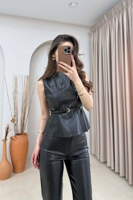 ONE COLOR VEST+TROUSERS LEATHER WOMEN SET BLACK/ E ZEZE - 2