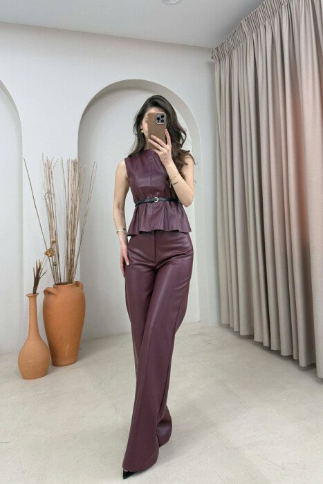 ONE COLOR VEST+TROUSERS LEATHER WOMEN SET BURGUNDY/VISHNJE - KLAUDIO FASHION