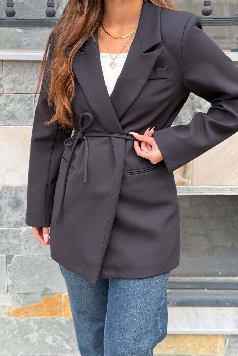 ONE COLOR WAIST LACING FAKE POCKETS CLASSIC WOMAN JACKET BLACK/ E ZEZE - 3