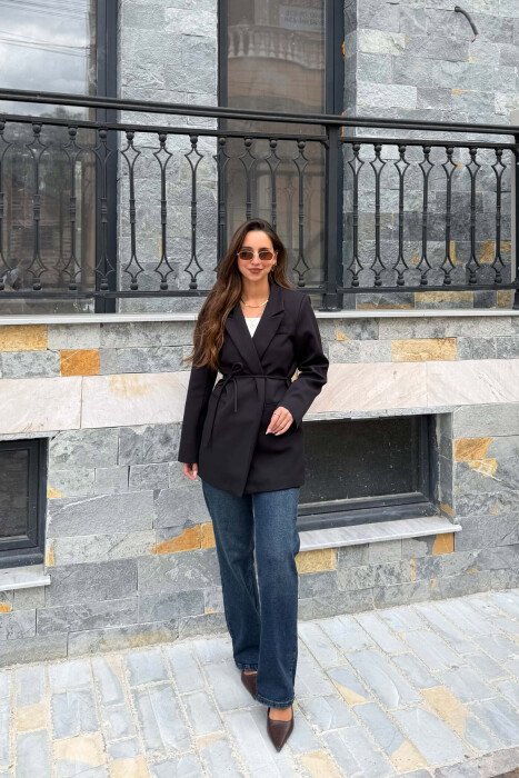 ONE COLOR WAIST LACING FAKE POCKETS CLASSIC WOMAN JACKET BLACK/ E ZEZE - 4