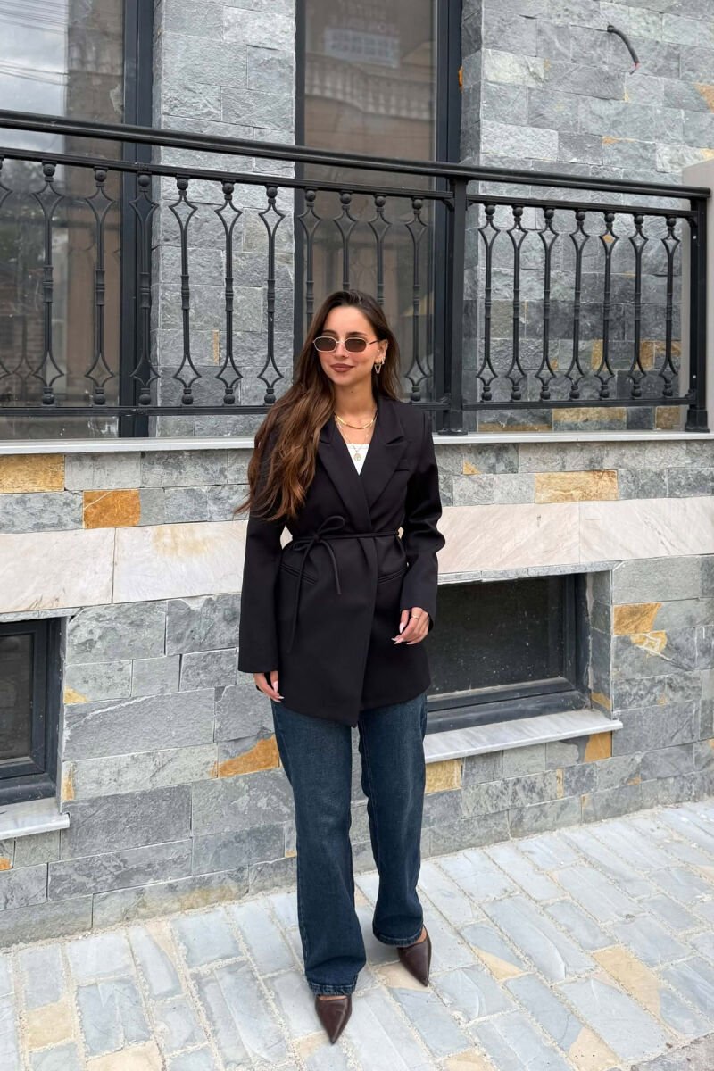 ONE COLOR WAIST LACING FAKE POCKETS CLASSIC WOMAN JACKET BLACK/ E ZEZE - 5