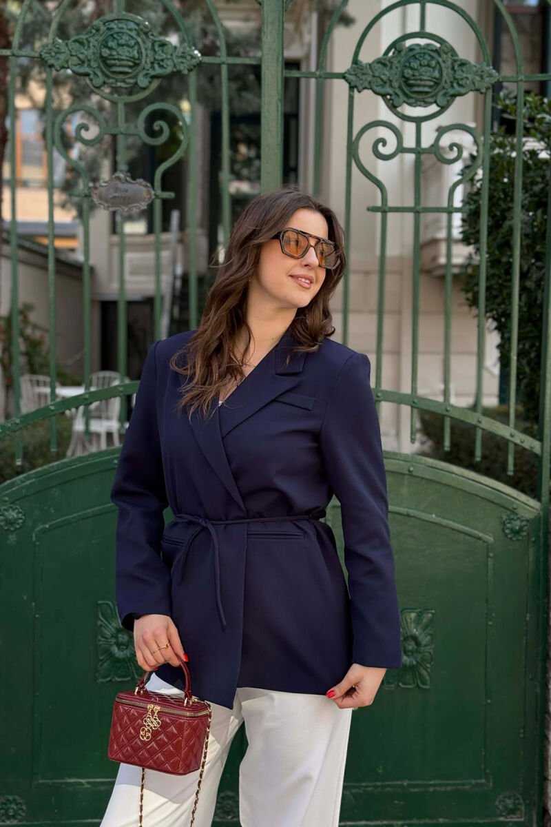 ONE COLOR WAIST LACING FAKE POCKETS CLASSIC WOMAN JACKET BLUE/BLU - 3