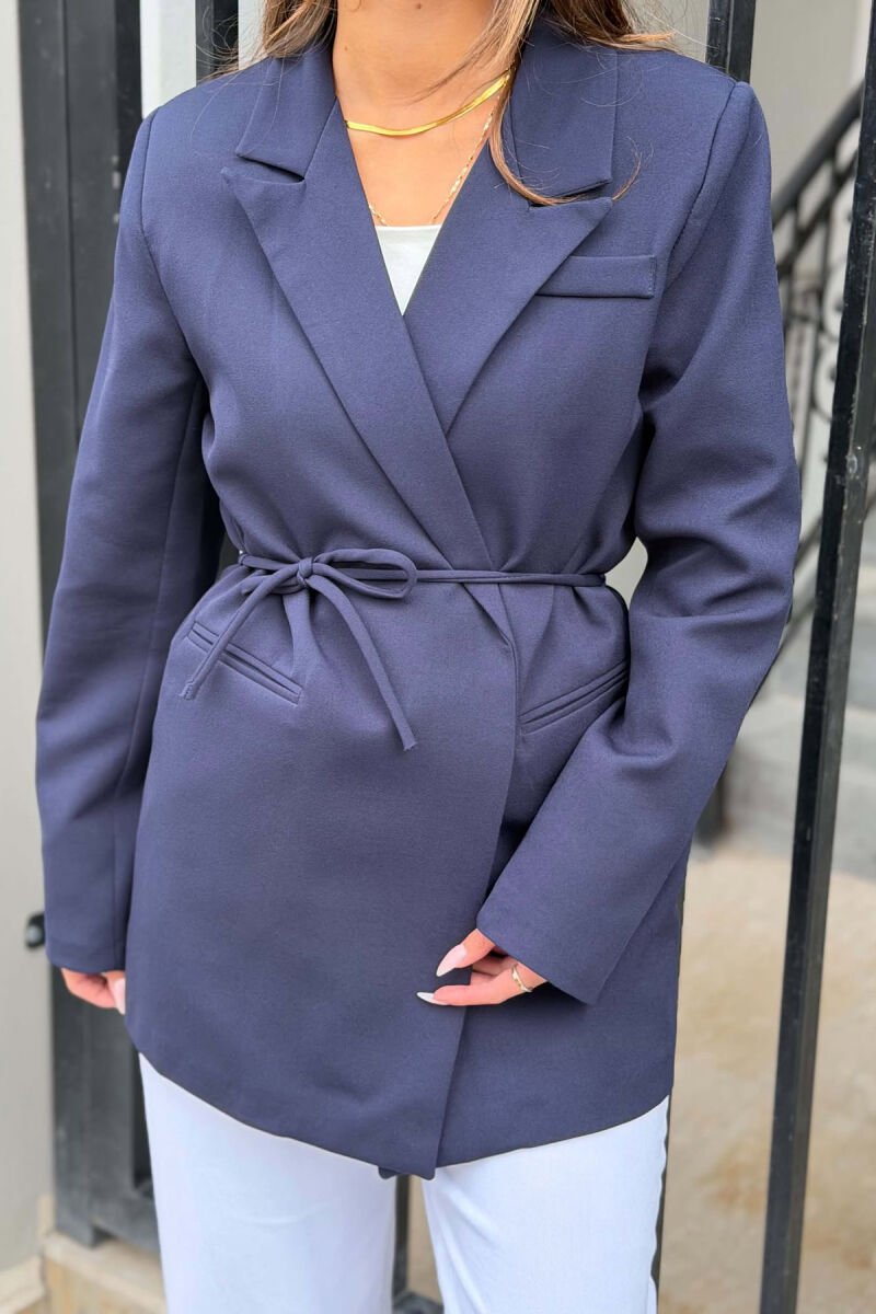 ONE COLOR WAIST LACING FAKE POCKETS CLASSIC WOMAN JACKET BLUE/BLU - 2