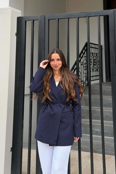 ONE COLOR WAIST LACING FAKE POCKETS CLASSIC WOMAN JACKET BLUE/BLU - 3