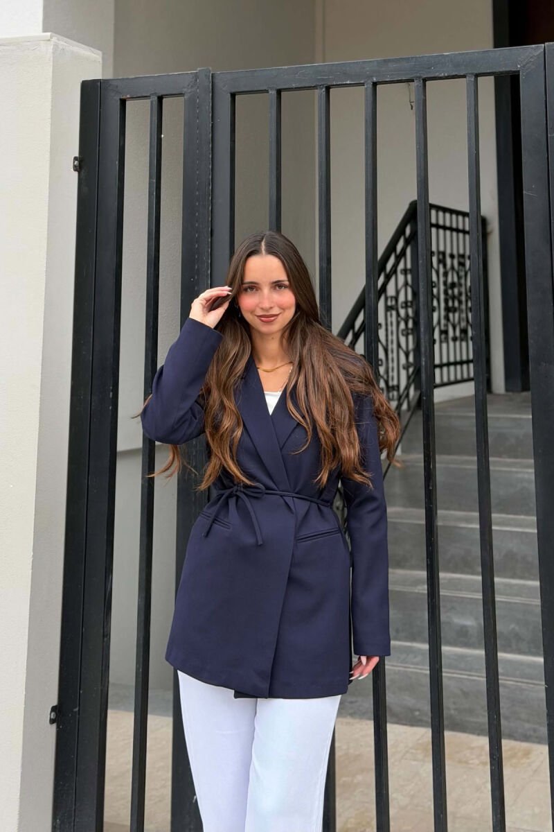 ONE COLOR WAIST LACING FAKE POCKETS CLASSIC WOMAN JACKET BLUE/BLU - 3