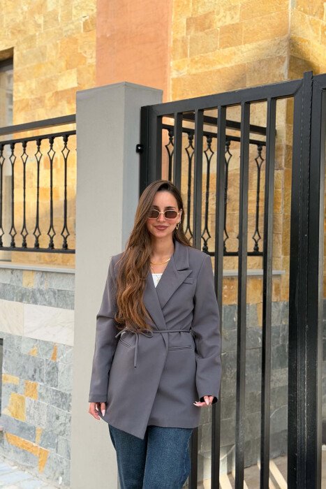 ONE COLOR WAIST LACING FAKE POCKETS CLASSIC WOMAN JACKET DARK GREY/GEE 