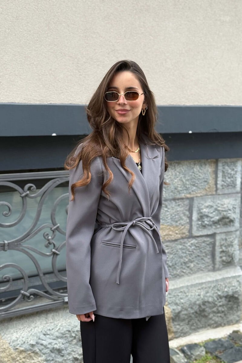 ONE COLOR WAIST LACING FAKE POCKETS CLASSIC WOMAN JACKET GREY/GRI - 1