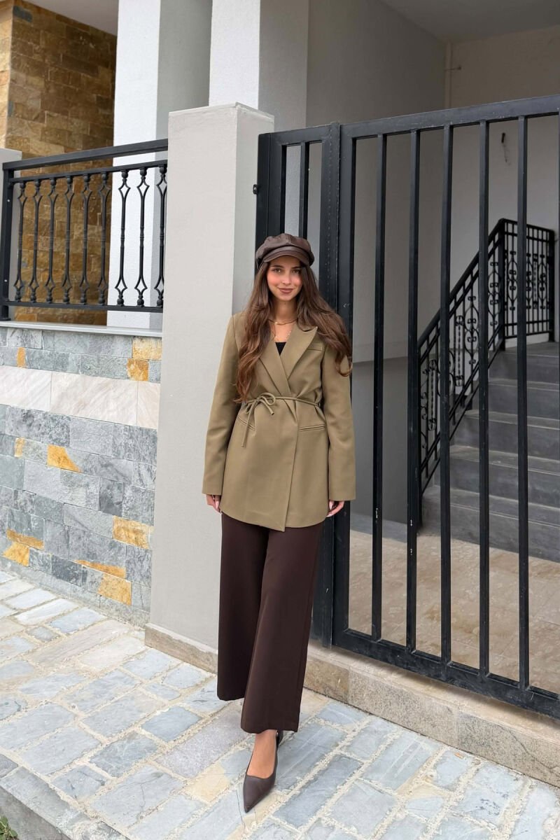 ONE COLOR WAIST LACING FAKE POCKETS CLASSIC WOMAN JACKET OLIVE/ULLI - 4