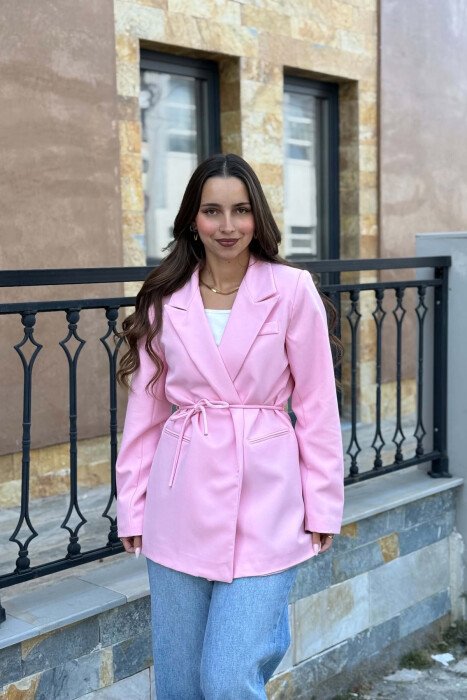 ONE COLOR WAIST LACING FAKE POCKETS CLASSIC WOMAN JACKET PINK/ROZE 