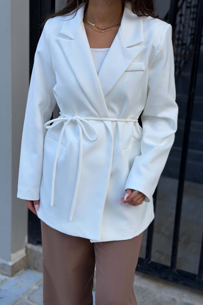 ONE COLOR WAIST LACING FAKE POCKETS CLASSIC WOMAN JACKET WHITE-E BARDHE - 4