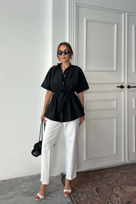 ONE COLOR WAIST LACING SHORT SLEEVE WOMAN SHIRT BLACK/ E ZEZE - 1