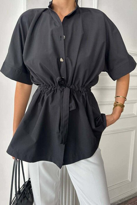 ONE COLOR WAIST LACING SHORT SLEEVE WOMAN SHIRT BLACK/ E ZEZE - 2