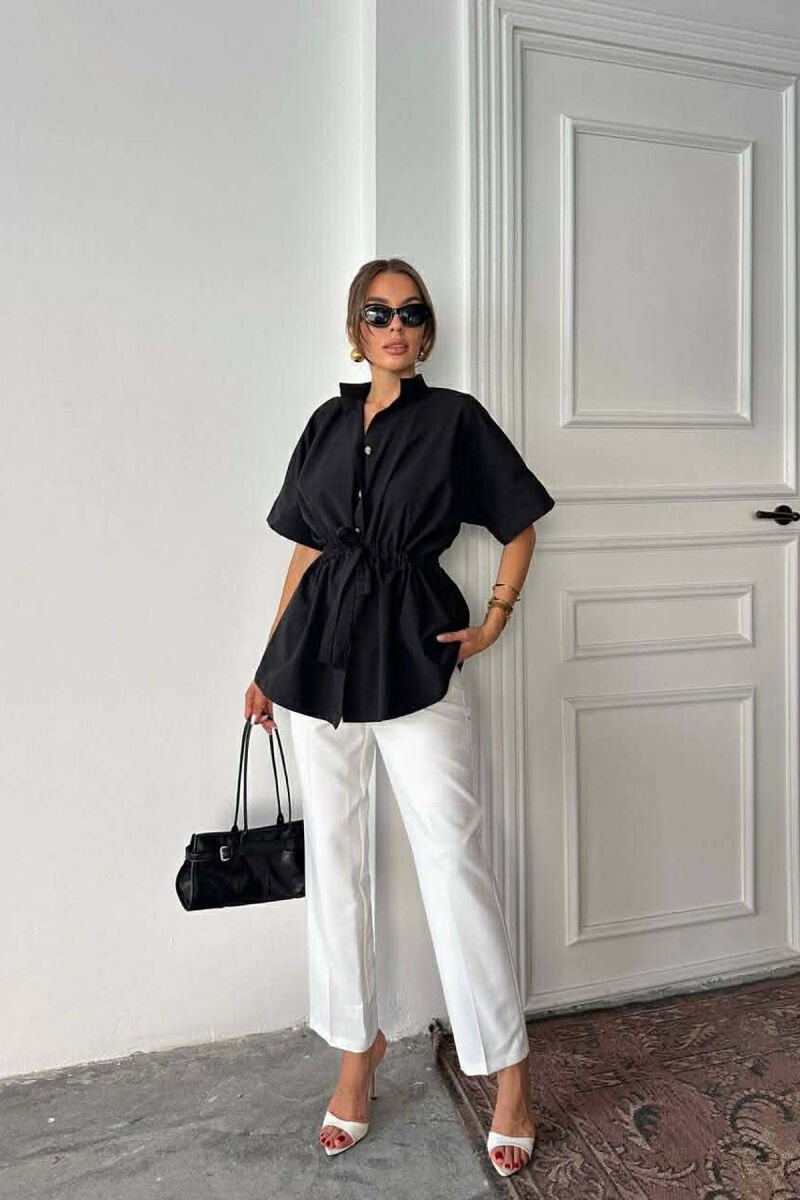 ONE COLOR WAIST LACING SHORT SLEEVE WOMAN SHIRT BLACK/ E ZEZE - 3