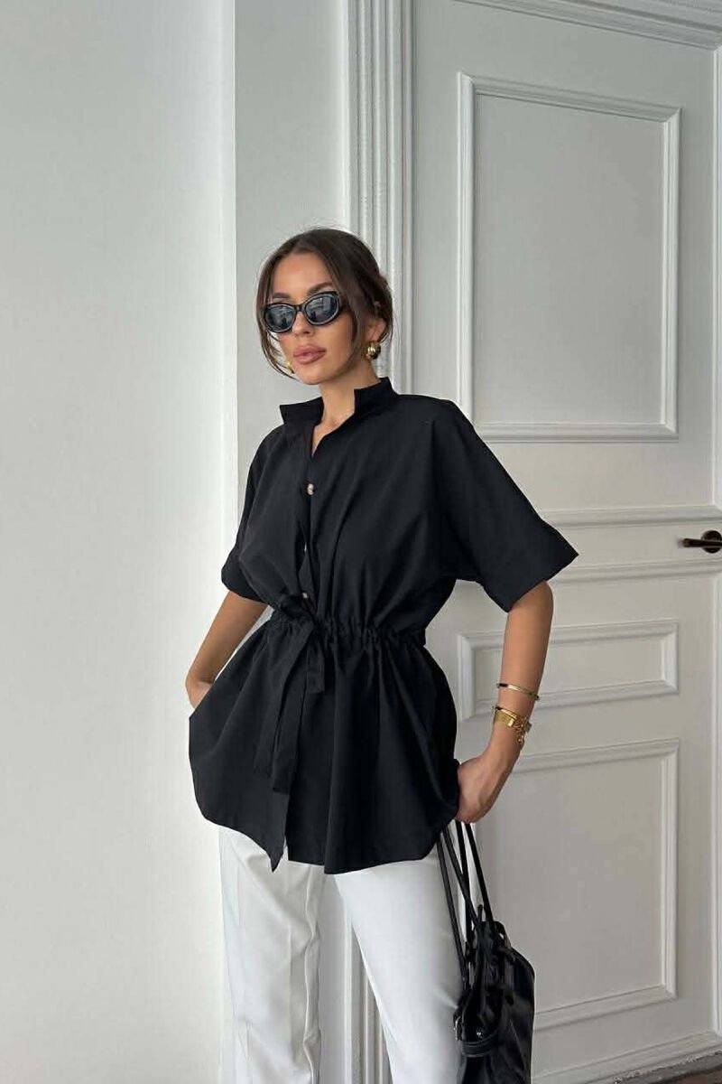 ONE COLOR WAIST LACING SHORT SLEEVE WOMAN SHIRT BLACK/ E ZEZE - 4