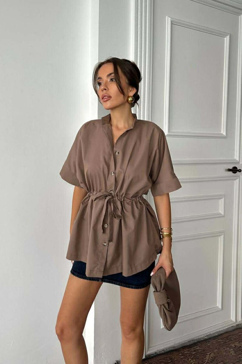 ONE COLOR WAIST LACING SHORT SLEEVE WOMAN SHIRT BROWN/KAFE - 1