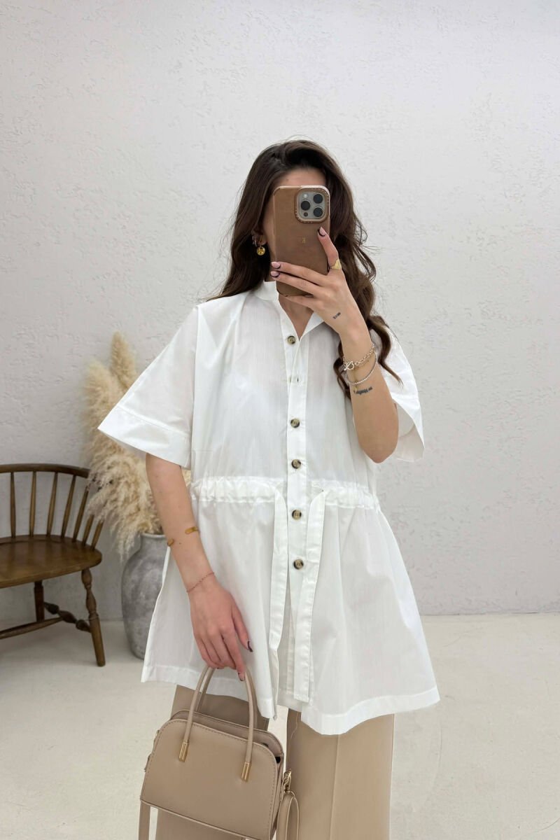 ONE COLOR WAIST LACING SHORT SLEEVE WOMAN SHIRT CREAM/KREM - 3