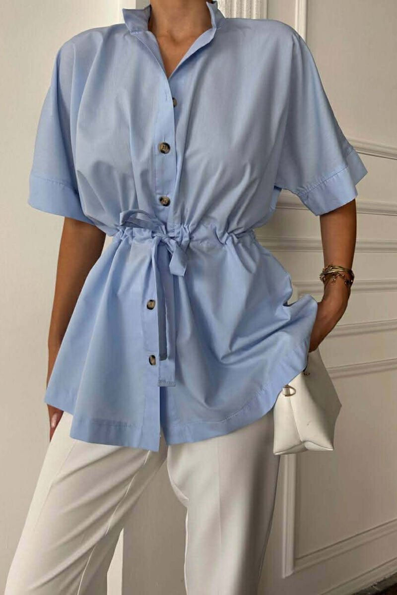 ONE COLOR WAIST LACING SHORT SLEEVE WOMAN SHIRT LIGHT BLUE-LIGHT BLUE/BZ-BZ - 2