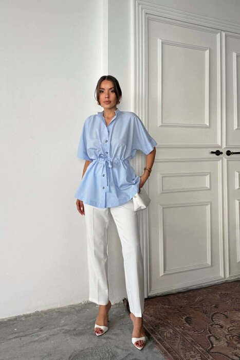 ONE COLOR WAIST LACING SHORT SLEEVE WOMAN SHIRT LIGHT BLUE-LIGHT BLUE/BZ-BZ - 4
