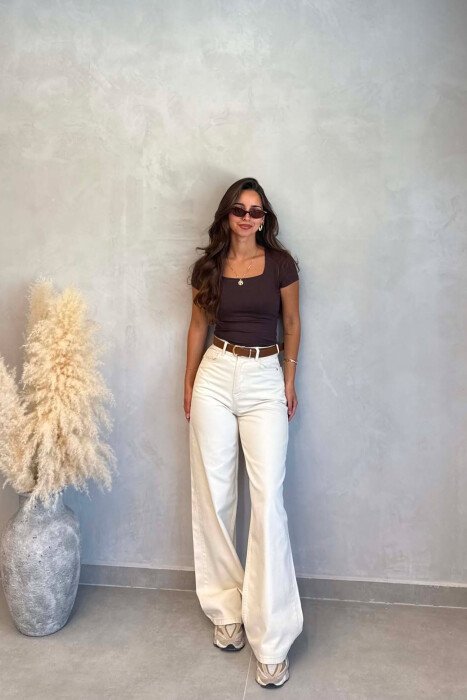 ONE COLOR WIDE LEG BELT DETAIL WOMAN JEANS CREAM/KREM - 1