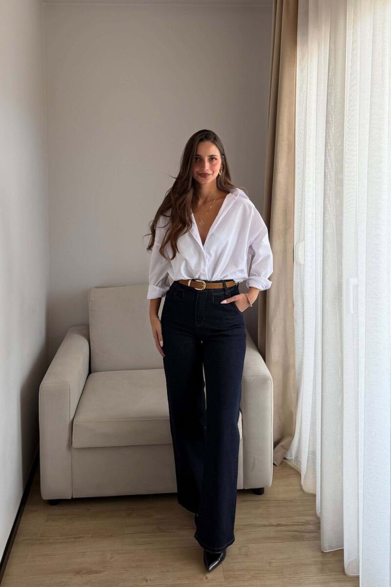 ONE COLOR WIDE LEG BELT DETAIL WOMAN JEANS DARK BLUE/BEE - 1