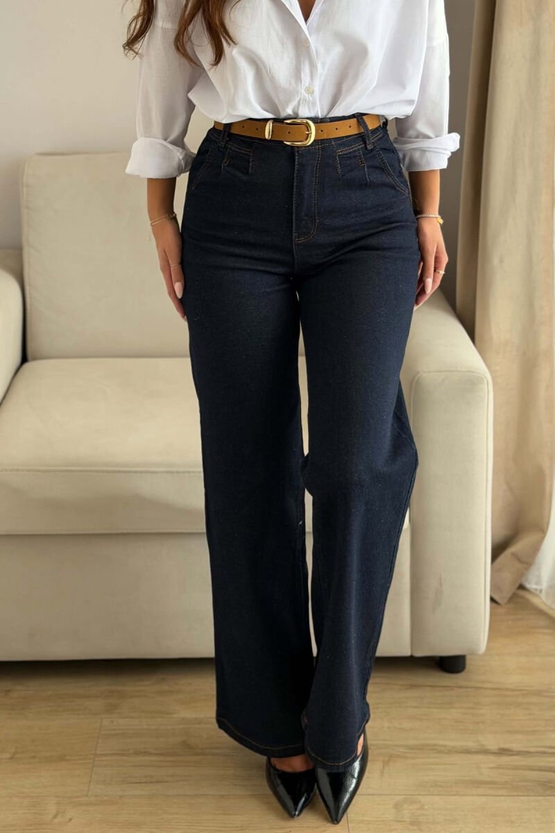 ONE COLOR WIDE LEG BELT DETAIL WOMAN JEANS DARK BLUE/BEE - 5