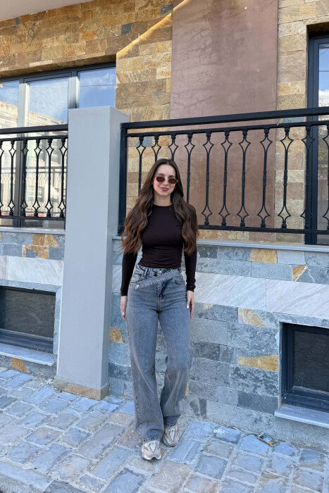 ONE COLOR WIDE LEG BELT DETAIL WOMAN JEANS STEELBLUE/BLU CELIKU - KLAUDIO FASHION