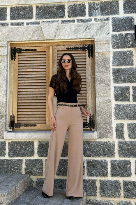 ONE COLOR WIDE LEG BELT DETAIL WOMAN TROUSERS BEIGE/BEZHE - 1