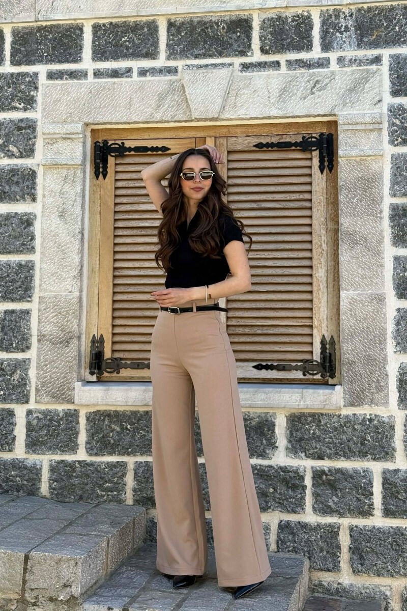ONE COLOR WIDE LEG BELT DETAIL WOMAN TROUSERS BEIGE/BEZHE - 5