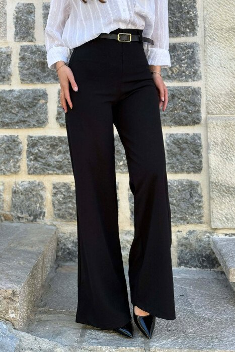 ONE COLOR WIDE LEG BELT DETAIL WOMAN TROUSERS BLACK/ E ZEZE - 2
