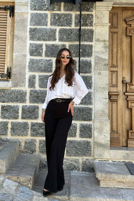 ONE COLOR WIDE LEG BELT DETAIL WOMAN TROUSERS BLACK/ E ZEZE - 3